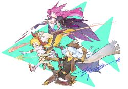 Rule 34 | 3girls, animal ears, armored gloves, ashe (league of legends), belt, black cape, black footwear, black gloves, blonde hair, blue hair, bow (weapon), braid, breasts, brown belt, brown headwear, brown jacket, cape, capelet, closed mouth, dress, elbow gloves, energy blast, feathers, floating hair, full body, fur-trimmed dress, fur trim, gloves, hat, high noon ashe, highres, holding, holding bow (weapon), holding weapon, jacket, league of legends, light blue hair, long hair, lower teeth only, magic, medium breasts, multiple girls, official alternate costume, official alternate hairstyle, one eye closed, partially fingerless gloves, pink hair, pointing, prestige arcanist zoe (league of legends), purple eyes, scarf, side braid, sideboob, signature, simple background, sleeveless, small breasts, smile, star guardian (league of legends), star guardian xayah, teeth, weapon, white capelet, white dress, white gloves, white headwear, xayah, yellow eyes, yellow scarf, zoe (league of legends), ztdlb