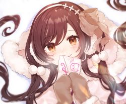 Rule 34 | 1girl, blush, bow hairband, brown hair, coat, commentary request, covering own mouth, hair between eyes, hairband, highres, idolmaster, idolmaster cinderella girls, idolmaster shiny colors, letter, long hair, looking at viewer, love letter, lying, mittens, on ground, osaki amana, smile, snow, solo, sophie (sophie1925), steam, yellow eyes