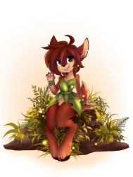Rule 34 | 1girl, absurdres, ahoge, animal ears, animal feet, animal nose, arm at side, artist name, bare shoulders, barefoot, body fur, brown fur, brown hair, collarbone, deer ears, deer girl, deer tail, dress, elora (spyro), fangs, female focus, flat chest, full body, furry, furry female, gradient background, grass, green dress, green eyes, hand up, happy, highres, hooves, leaf dress, notched ear, open mouth, raised eyebrow, short dress, short hair, sidelocks, simple background, sitting, smile, solo, spyro (series), strapless, strapless dress, tail, teeth, teranen, thick thighs, thighs, tongue, two-tone fur, watermark, waving, wide hips, wristband