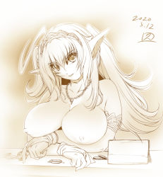 Rule 34 | 1girl, ahoge, armlet, arms under breasts, border, breasts, bridal gauntlets, cleavage, coin, commentary request, crossed arms, dated, elf, eyes visible through hair, fading border, hair between eyes, headband, hisahiko, jewelry, large breasts, long hair, long pointy ears, looking at viewer, monochrome, necklace, nipples, nude, original, pointy ears, sepia, signature, solo, table