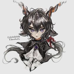 Rule 34 | 1boy, animal ears, arknights, bishounen, black hair, character name, ebenholz (arknights), goat boy, goat ears, highres, horns, long hair, looking at viewer, male focus, neckerchief, pomopomoinu, purple eyes, red ribbon, ribbon, simple background, solo, star (symbol), upper body, white background