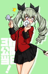 Rule 34 | 1girl, ^^^, anchovy (girls und panzer), black ribbon, black skirt, blush, clothes lift, commentary request, constricted pupils, cosplay, cowboy shot, cup, darjeeling (girls und panzer), darjeeling (girls und panzer) (cosplay), drill hair, embarrassed, girls und panzer, green background, green hair, hair ribbon, holding, holding cup, holding saucer, jacket, long hair, long sleeves, looking back, military, military uniform, miniskirt, oosaka kanagawa, partial commentary, pleated skirt, red eyes, red jacket, ribbon, riding crop, saucer, silhouette, skirt, skirt flip, skirt lift, solo, spilling, st. gloriana&#039;s military uniform, standing, teacup, text background, translated, twin drills, twintails, uniform