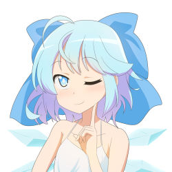 Rule 34 | 1girl, bare shoulders, blue bow, blue eyes, blue hair, bow, cato (monocatienus), cirno, closed mouth, hand on own face, hand up, highres, ice, ice wings, looking up, one eye closed, shirt, short hair, simple background, sleeveless, smile, solo, touhou, white background, white shirt, wings
