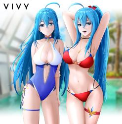 Rule 34 | 2girls, :d, absurdres, ahoge, armpits, arms behind back, arms up, bikini, blue eyes, blue hair, blurry, blurry background, breasts, casual one-piece swimsuit, cleavage, clement39, closed mouth, clothing cutout, collarbone, gluteal fold, groin, hair between eyes, hair ribbon, high ponytail, highres, large breasts, long hair, looking at viewer, multi-strapped bikini, multiple girls, navel, one-piece swimsuit, open mouth, red bikini, red ribbon, ribbon, smile, standing, stomach cutout, swimsuit, thigh gap, thigh strap, very long hair, vivy, vivy: fluorite eye&#039;s song