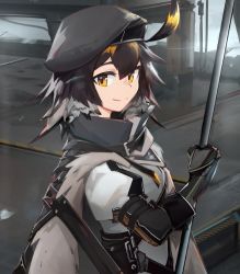 Rule 34 | 1girl, ahoge, arknights, beret, bird girl, black gloves, black hat, brown hair, cloak, closed mouth, commentary, deel (rkeg), english commentary, feather hair, gloves, hair between eyes, hat, highres, holding, holding weapon, long sleeves, looking at viewer, multicolored hair, orange eyes, plume (arknights), short hair, smile, solo, standing, two-tone hair, upper body, weapon
