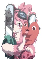 Rule 34 | 1boy, 1girl, 1other, animal ears, chain, chainsaw, chainsaw man, character request, commentary, commentary request, furry, goggles, goggles on head, highres, holding, holding weapon, long hair, made in abyss, mitty (made in abyss) (furry), open mouth, pink eyes, pink fur, pink hair, pochita (chainsaw man), reflection, simple background, smile, teeth, tongue, tongue out, weapon, white background, ximu shilang