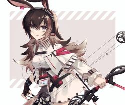 Rule 34 | 1girl, :q, animal ears, april (arknights), arknights, bow (weapon), bracelet, breasts, brown hair, buckle, collared dress, cowboy shot, dress, earclip, fingerless gloves, gloves, grey eyes, holding, holding bow (weapon), holding weapon, id card, infection monitor (arknights), jacket, jewelry, k6anxrfvmizw70w, long hair, long sleeves, medium breasts, rabbit ears, rabbit girl, single glove, solo, tongue, tongue out, weapon, white jacket