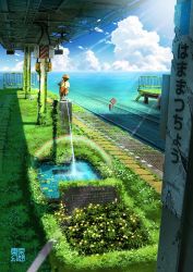 Rule 34 | blue sky, cloud, cloudy sky, day, flower, highres, horizon, lens flare, light rays, manneken pis, no humans, ocean, original, outdoors, overgrown, peeing, post-apocalypse, railroad tracks, scenery, sign, signature, sky, statue, sunbeam, sunlight, tactile paving, tokyogenso, train station, translated, underwater, water, white flower