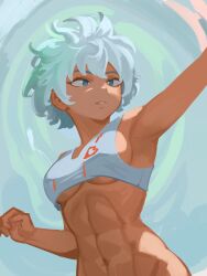 Rule 34 | 1girl, abs, armpits, blue background, blue eyes, breasts, cropped shirt, curled fingers, from below, groin, hand up, highres, horikoshi kouhei (style), looking afar, looking to the side, messy hair, muscular, muscular female, navel, no pants, original, outstretched arm, parody, parted lips, short hair, sideboob, smaragdus, solo, style parody, tank top, underboob, very short hair, white tank top
