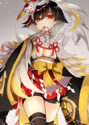 Rule 34 | 1girl, absurdres, black hair, black thighhighs, breasts, claws, cleavage, feathers, hair ornament, highres, itsumade (onmyoji), japanese clothes, kasahara udori, licking, licking finger, looking at viewer, monster girl, onmyoji, red eyes, solo, thighhighs
