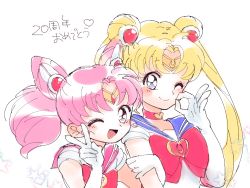 Rule 34 | 1990s (style), 2girls, ;), ;d, anniversary, bad id, bad pixiv id, bishoujo senshi sailor moon, blonde hair, blue sailor collar, bow, brooch, chibi usa, co2ichi (naminaminami), cone hair bun, hair bun, heart, heart brooch, holding another&#039;s arm, jewelry, long hair, multiple girls, one eye closed, open mouth, pink hair, red bow, retro artstyle, sailor chibi moon, sailor collar, sailor moon, short hair, smile, star (symbol), super sailor chibi moon, super sailor moon, tsukino usagi, twintails, v, wink
