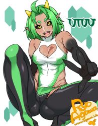 Rule 34 | 1girl, agawa ryou, ahoge, artist name, ass, bad id, bad tumblr id, black sclera, black skin, borrowed character, breasts, cameltoe, character name, cleavage, cleavage cutout, cleft of venus, clothing cutout, colored sclera, colored skin, commentary, green hair, heart cutout, horns, looking at viewer, monster girl, multicolored skin, open mouth, original, pointy ears, sharp teeth, skin tight, smile, solo, teeth, two-tone skin, v, watermark, web address, yellow eyes