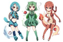 Rule 34 | 3girls, backpack, bag, blue footwear, blue gloves, blue hair, blue socks, blush, boots, braid, brown eyes, bulbasaur, charmander, commentary request, creatures (company), detached sleeves, dress, elbow gloves, fire, flame-tipped tail, full body, game freak, gen 1 pokemon, gloves, green footwear, green hair, green legwear, grey eyes, hair between eyes, hair ornament, hairclip, hand on own hip, highres, kneehighs, leaf, long hair, looking at viewer, multiple girls, navel, nintendo, open mouth, orange footwear, orange hair, personification, poke ball, pokemon, red eyes, shoes, short dress, short hair, short hair with long locks, short sleeves, shorts, simple background, single braid, sleeveless, sleeveless dress, smile, socks, squirtle, standing, starter pokemon trio, tail, takeshima eku, thigh boots, thighhighs, v arms, vest, water, white background