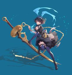 Rule 34 | 1girl, alice (sinoalice), belt, black thighhighs, blue background, blue hair, breasts, chain, cleavage, dress, elbow gloves, eyelashes, frills, full body, gloves, glowing, holding, holding weapon, kisano takumi, looking at viewer, pale skin, puffy short sleeves, puffy sleeves, red eyes, shadow, short hair, short sleeves, sinoalice, solo, sword, thighhighs, weapon