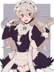 Rule 34 | 1girl, alternate costume, apron, black dress, black thighhighs, blush, bow, breasts, bridal gauntlets, collar, corrin (female) (fire emblem), corrin (fire emblem), cosplay, do m kaeru, dress, enmaided, feather trim, felicia (fire emblem), felicia (fire emblem) (cosplay), female focus, fire emblem, fire emblem fates, frilled collar, frills, grey hair, hair between eyes, juliet sleeves, large breasts, long hair, long sleeves, looking at viewer, maid, maid headdress, nintendo, open mouth, pointy ears, puffy sleeves, red eyes, smile, solo, thighhighs, tongue, twitter username, waist apron, white apron, white bow, wrist cuffs, zettai ryouiki