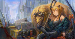 Rule 34 | 1girl, animal ears, arknights, bad id, bad pixiv id, bag, black nails, black shirt, boots, can, choker, city, cityscape, commentary request, concrete, crossed legs, drink can, drum (container), duffel bag, fence, goggles, goggles on head, green jacket, hand up, jacket, knee pads, lion, lion ears, looking at viewer, nail polish, naux, off-shoulder jacket, off shoulder, official alternate costume, orange hair, shirt, siege (arknights), siege (legacy) (arknights), signature, sitting, soda can, solo, tank top, tsurime, weapon, whiskers