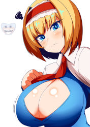 Rule 34 | alice margatroid, ascot, blonde hair, blue dress, blue eyes, breasts, capelet, cleavage, cleavage cutout, clothing cutout, dress, frilled ascot, frilled dress, frilled hairband, frills, gero zoukin, hairband, highres, large breasts, lolita hairband, poppy playtime, poppy playtime (character), red ascot, red hairband, simple background, touhou, white background, white capelet