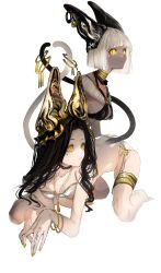 Rule 34 | 2girls, all fours, animal ears, black bra, black hair, bra, bracelet, cat ears, cat tail, closed mouth, commentary, dark-skinned female, dark skin, egyptian clothes, facial mark, gawako, highres, jewelry, long hair, looking away, multiple girls, necklace, original, short hair, simple background, tail, tail ornament, thigh strap, underwear, underwear only, white background, white bra, white hair, yellow eyes