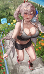 Rule 34 | 1girl, bare shoulders, black shorts, black sports bra, blush, bottle, breasts, cleavage, collarbone, commentary, day, english commentary, flag, flower, hair ornament, highres, holding, holding bottle, large breasts, mole, mole under eye, navel, nike (company), off shoulder, open mouth, original, outdoors, pink eyes, pink hair, ponytail, red footwear, shoes, short shorts, shorts, silvertsuki, sneakers, solo, sports bra, stairs, sweat, thighs