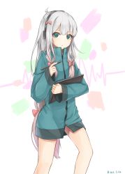 Rule 34 | 10s, 1girl, absurdres, artist name, black cola, blunt bangs, bow, closed mouth, cowboy shot, drawing tablet, eromanga sensei, gradient hair, green eyes, green hood, green jacket, hair bow, hair ornament, hand up, high collar, highres, holding, holding pen, hood, hood down, hooded jacket, izumi sagiri, jacket, legs apart, long hair, long sleeves, looking at viewer, low-tied long hair, multicolored hair, pen, pink bow, pocket, purple hair, sidelocks, silver hair, sleeves past wrists, solo, stylus, very long hair