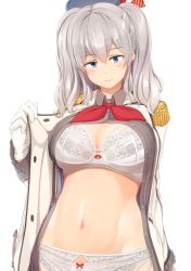Rule 34 | 10s, 1girl, arm at side, beret, blue eyes, bow, bow bra, bow panties, bra, breasts, buttons, cleavage, closed mouth, collared shirt, dress shirt, epaulettes, female focus, frilled sleeves, frills, gloves, grey hair, grey shirt, groin, hat, jacket, kantai collection, kashima (kancolle), large breasts, lifted by self, long hair, long sleeves, looking at viewer, navel, no pants, open clothes, open shirt, osterei, panties, red bow, shirt, side-tie panties, simple background, solo, stomach, string panties, striped, two side up, underwear, upper body, white background, white bra, white gloves, white panties