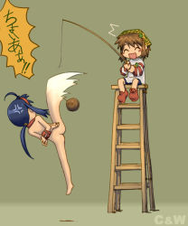 Rule 34 | 2girls, ^ ^, ahoge, angry, animal collar, arms behind back, blue hair, blush, blush stickers, box tie, brown hair, choia, closed eyes, clothed female nude female, collar, fishing rod, futaba channel, gradient background, hairband, happy, high kick, holding, holding fishing rod, jumping, kicking, ladder, long hair, motion blur, multiple girls, nude, ponytail, short hair, sidelocks, simple background, smile, speech bubble, spread legs, suigetsu, surprised, sweater, translated, waha, what, yamato suzuran