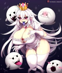 Rule 34 | 1girl, black sclera, boo (mario), breasts, cleavage, cleavage cutout, clothing cutout, colored sclera, covered erect nipples, cowboy shot, dress, genderswap, genderswap (mtf), gloves, highres, huge breasts, long hair, long tongue, luigi&#039;s mansion, mario (series), new super mario bros. u deluxe, nintendo, omaoti, open mouth, pink eyes, princess king boo, puffy short sleeves, puffy sleeves, purple background, purple hair, sharp teeth, short sleeves, simple background, slit pupils, smile, super crown, teeth, thick thighs, thigh gap, thighs, tongue, tongue out, white dress, white gloves, wide hips