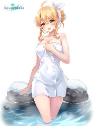 Rule 34 | 1girl, :o, absurdres, ahoge, bare arms, bare shoulders, blonde hair, breasts, cleavage, collarbone, hair between eyes, hair ribbon, hand on own chest, haru estia, head tilt, highres, large breasts, long hair, looking at viewer, naked towel, official art, onsen, open mouth, orange eyes, ribbon, ripples, rock, sidelocks, simple background, solo, soulworker, standing, steam, towel, wading, water, watermark, wet, white background