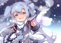 Rule 34 | 1girl, blue hair, detached sleeves, hatsune miku, long hair, mittens, necktie, open mouth, outstretched arm, scarf, snowing, solo, twintails, umiko (munemiu), vocaloid, white mittens, white scarf, yuki miku