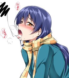 Rule 34 | 1girl, blue coat, blue hair, blush, censored, checkered clothes, checkered scarf, coat, commentary request, cum, cum in mouth, cum on tongue, cum string, hair between eyes, highres, long hair, love live!, love live! school idol project, open mouth, penis, scarf, simple background, solo focus, sonoda umi, tearing up, tongue, tongue out, upper body, white background, yellow eyes, yopparai oni