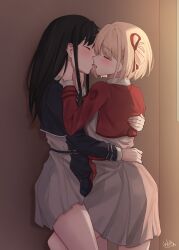 Rule 34 | 2girls, absurdres, belt, black hair, blonde hair, blue belt, blue dress, blush, chxoswolf, closed eyes, commission, dress, french kiss, grey dress, hair ribbon, hand on another&#039;s hip, hands on another&#039;s neck, highres, hug, inoue takina, kiss, leg between thighs, long hair, long sleeves, lycoris recoil, lycoris uniform, multiple girls, nishikigi chisato, one side up, open mouth, pleated dress, red belt, red dress, red ribbon, ribbon, saliva, short hair, sidelocks, thighs, tongue, tongue out, yuri