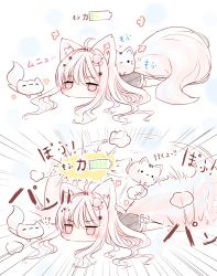 Rule 34 | !?, 1girl, ^^^, afterimage, ahoge, animal, animal ear fluff, animal ears, bad id, bad twitter id, battery indicator, blush, cat, commentary request, dress, emphasis lines, flower, grey dress, grey eyes, hair between eyes, hair flower, hair intakes, hair ornament, highres, long hair, lying, on stomach, original, tail, tail wagging, tandohark, translation request, v-shaped eyebrows, very long hair, white background, white hair