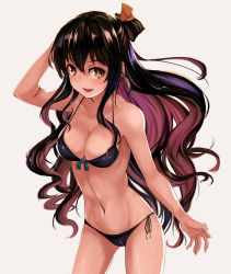 Rule 34 | 10s, 1girl, :d, bikini, black bikini, black hair, breasts, brown eyes, cleavage, front-tie top, highres, kantai collection, long hair, looking at viewer, maki (maki pei), medium breasts, multicolored hair, naganami (kancolle), navel, open mouth, pink hair, revision, side-tie bikini bottom, simple background, smile, solo, standing, swimsuit, two-tone hair, very long hair, wet, white background