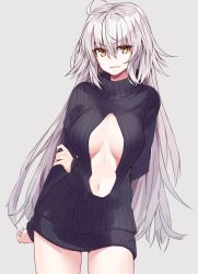 Rule 34 | 1girl, ahoge, arms behind back, black sweater, breasts, center opening, fate/grand order, fate (series), grey background, hair between eyes, jeanne d&#039;arc (fate), jeanne d&#039;arc alter (avenger) (fate), jeanne d&#039;arc alter (fate), large breasts, long hair, navel, open mouth, ribbed sweater, shunichi, silver hair, simple background, smile, solo, sweater, thighs, turtleneck, turtleneck sweater, very long hair, yellow eyes