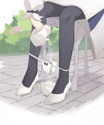 Rule 34 | 1girl, black pantyhose, blue archive, bow, bow panties, bush, chair, cup, day, high heels, highres, holding, holding teapot, luizhtx, nagisa (blue archive), outdoors, panties, pantyhose, sitting, solo, teacup, teapot, underwear, white panties