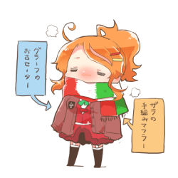 Rule 34 | 1girl, = =, alternate costume, aquila (kancolle), black skirt, black thighhighs, flag print, garter straps, hair ornament, hairclip, high ponytail, italian flag, jacket, kantai collection, long hair, long sleeves, lowres, orange hair, rebecca (keinelove), red jacket, scarf, simple background, skirt, solo, steam, thighhighs, translation request, wavy hair, white background