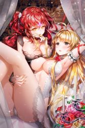 Rule 34 | 2girls, ahoge, aile (crossroads), arm up, armpits, ass, bed, blonde hair, blush, breast rest, breasts, candle, cleavage, empty eyes, fire, fire, flower, hair ornament, twirling hair, helena k sink, lace, large breasts, lingerie, long hair, mother demon (sword girls), multiple girls, on bed, open mouth, original, panties, playing with another&#039;s hair, red hair, ribbon, sparkle, sword girls, underwear, yellow eyes, yuri