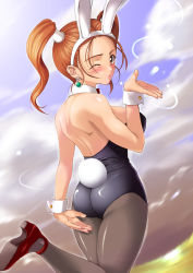 Rule 34 | 1girl, alternate costume, animal ears, ass, black pantyhose, blush, breasts, brown hair, detached collar, dragon quest, dragon quest viii, fake animal ears, game, highres, jessica albert, large breasts, leotard, one eye closed, pantyhose, playboy bunny, rabbit ears, red hair, shinozuka jouji, solo, square enix, twintails, wink, wrist cuffs, yellow eyes