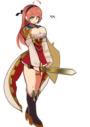 Rule 34 | 1girl, armor, breasts, bursting breasts, dungeon and fighter, full body, green eyes, holding, holding sword, holding weapon, knight (dungeon and fighter), large breasts, long hair, pink hair, shield, shoulder armor, solo, standing, sword, weapon, white background