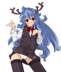 Rule 34 | antlers, blue hair, blush, bow, christmas, formal, horns, long hair, original, panties, pantyshot, red eyes, solo, thighhighs, underwear, yamazaki kazu