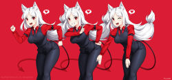 Rule 34 | 3girls, animal ear fluff, animal ears, arm garter, artist name, black neckwear, black pants, breasts, cerberus, cerberus (helltaker), collared shirt, commentary, demon girl, demon tail, dog ears, dog girl, fang, feet out of frame, floating hair, grin, hand up, heart, helltaker, highres, leaning forward, long hair, long sleeves, looking at viewer, low-tied long hair, lulu-chan92, medium breasts, multiple girls, necktie, one eye closed, open mouth, outstretched arms, pants, parted bangs, red background, red eyes, red shirt, shirt, simple background, smile, spoken heart, standing, tail, triplets, waistcoat, white hair