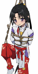 1boy arms_behind_back bags_under_eyes black_hair bow furrowed_brow hakama hakama_pants highres houjou_tokiyuki_(nige_jouzu_no_wakagimi) japanese_clothes kariginu leg_up long_hair long_sleeves looking_at_viewer male_focus motoyui nige_jouzu_no_wakagimi pants parted_bangs parted_lips ponytail purple_eyes red_hakama red_sash ribbon-trimmed_sleeves ribbon_trim sash shibari shibari_over_clothes sidelocks_tied_back simple_background solo sweat tabi very_long_hair wide_sleeves yoruhachi