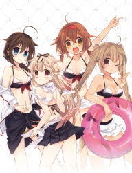 Rule 34 | 10s, 4girls, :t, bikini, black hair, blonde hair, blue eyes, blush, braid, breasts, brown eyes, brown hair, cleavage, gradient background, hair ribbon, hairband, kantai collection, long hair, looking at viewer, medium breasts, multiple girls, murasame (kancolle), open mouth, red eyes, red hairband, remodel (kantai collection), ribbon, sarong, shigure (kancolle), shiratsuyu (kancolle), short hair, shorts, skirt, small breasts, smile, suzushiro kurumi, swimsuit, twintails, yuudachi (kancolle)