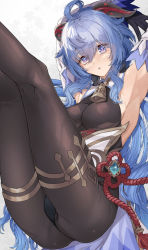 Rule 34 | 1girl, ahoge, armpits, arms up, bell, black gloves, black leotard, black pantyhose, blue eyes, blue hair, breasts, commentary, commission, cowbell, detached sleeves, eyelashes, feet out of frame, flower knot, ganyu (genshin impact), genshin impact, gloves, goat horns, gold trim, grey background, hair between eyes, highres, horns, large breasts, legs together, legs up, leotard, light blue hair, long hair, looking at viewer, neck bell, pantyhose, parted lips, shio kouji (shiokojii), sideboob, sidelocks, simple background, skeb commission, skin tight, solo, vision (genshin impact)