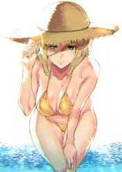 Rule 34 | 1girl, ashiomi masato, bare shoulders, bent over, bikini, blonde hair, blue eyes, breasts, cleavage, closed mouth, commentary request, guilty gear, guilty gear xrd, hand on headwear, hand on own knee, hat, large breasts, leaning forward, looking at viewer, millia rage, ocean, outdoors, smile, solo, standing, straw hat, sunlight, swimsuit, water, yellow bikini