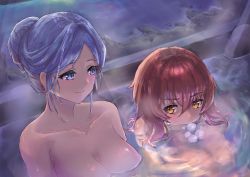 Rule 34 | 2girls, 86 -eightysix-, anju emma, bathing, blue eyes, blue hair, breast envy, breasts, closed mouth, collarbone, completely nude, from above, hair between eyes, ito t20a, kurena kukumila, large breasts, long hair, looking to the side, multiple girls, nude, partially submerged, red hair, short hair, smile, yellow eyes