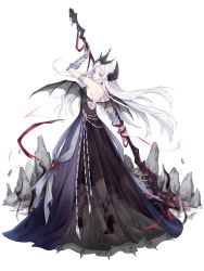 Rule 34 | 1girl, arm tattoo, arm up, back tattoo, backless dress, backless outfit, bat wings, black dress, chain, choker, crown, demon horns, dress, expressionless, food fantasy, from behind, full body, gauntlets, gem, gown, grey eyes, high heels, highres, holding, holding scythe, horns, layered dress, leg tattoo, legs apart, long hair, looking at viewer, looking back, milk (food fantasy), official art, parted bangs, red footwear, red gemstone, red ribbon, ribbon, rock, scythe, second-party source, see-through, single gauntlet, single vambrace, solo, strapless, strapless dress, tattoo, transparent background, vambraces, white hair, wings