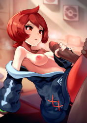 Rule 34 | 1girl, absurdres, ahoge, arezu (pokemon), arm support, armpits, bare shoulders, blurry, blurry background, blush, breasts, breasts out, breath, censored, clothed female nude male, creatures (company), embarrassed, game freak, hair between eyes, handjob, highres, indoors, legs, looking at another, matching hair/eyes, mosaic censoring, nintendo, nipples, no bra, nude, off shoulder, pants, parted lips, penis, pokemon, pokemon legends: arceus, red eyes, red hair, red pants, short hair, sitting, skyxperish, small breasts, speed lines, standing, thigh sex, thighs
