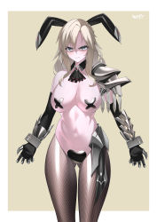 Rule 34 | 1girl, absurdres, animal ears, armor, ascot, black gloves, blush, breasts, brown legwear, covered erect nipples, detached collar, elbow gloves, fate/grand order, fate (series), faulds, gauntlets, gloves, grey eyes, heart maebari, highres, kriemhild (fate), kriemhild (third ascension) (fate), kurozawa yui, large breasts, long hair, looking at viewer, maebari, meme attire, mole, mole under eye, navel, pasties, pauldrons, rabbit ears, revealing clothes, reverse bunnysuit, reverse outfit, shoulder armor, single pauldron, solo, thighs, white hair, wrist cuffs