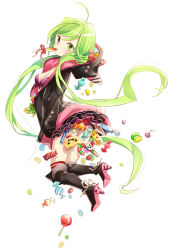 Rule 34 | 1girl, ahoge, boots, bow, bra, candy, candy cane, food, frilled skirt, frills, full body, green eyes, green hair, hajida, halloween, heterochromia, high heel boots, high heels, hood, hood basket, hoodie, knee boots, lollipop, long hair, looking at viewer, matching hair/eyes, miniskirt, mouth hold, original, pink eyes, ribbon, simple background, skirt, socks, solo, twintails, underwear, very long hair, white background